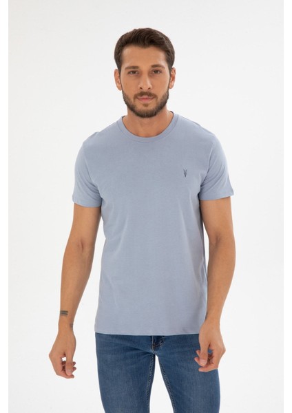 Erkek Mavi Bisiklet Yaka Pamuklu Relaxed Fit T-Shirt