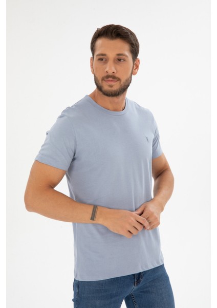 Erkek Mavi Bisiklet Yaka Pamuklu Relaxed Fit T-Shirt