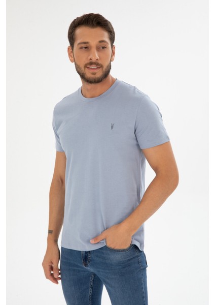 Erkek Mavi Bisiklet Yaka Pamuklu Relaxed Fit T-Shirt