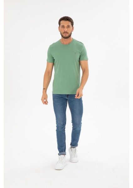 Erkek Çağla Yeşili Bisiklet Yaka Pamuklu Relaxed Fit T-Shirt