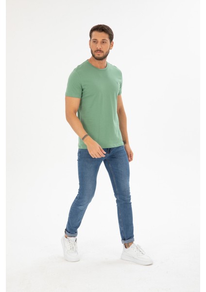 Erkek Çağla Yeşili Bisiklet Yaka Pamuklu Relaxed Fit T-Shirt