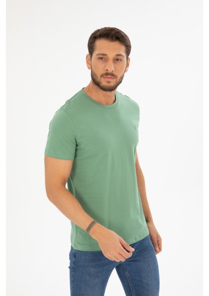 Erkek Çağla Yeşili Bisiklet Yaka Pamuklu Relaxed Fit T-Shirt