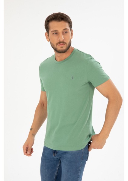 Erkek Çağla Yeşili Bisiklet Yaka Pamuklu Relaxed Fit T-Shirt