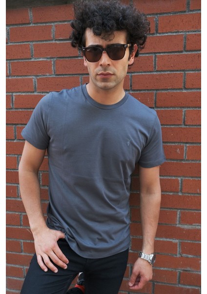 Erkek Füme Bisiklet Yaka Pamuklu Relaxed Fit T-Shirt modelleri