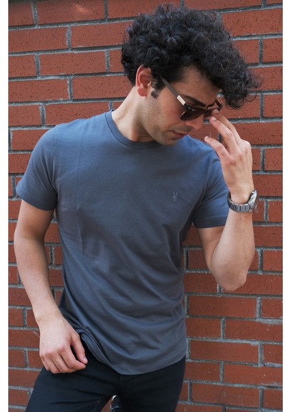 Erkek Füme Bisiklet Yaka Pamuklu Relaxed Fit T-Shirt fırsatları