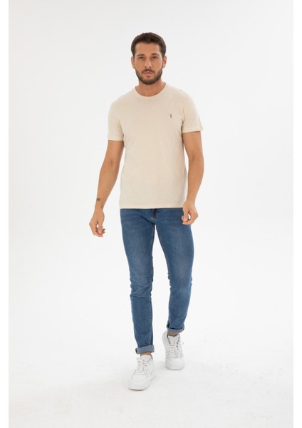 Erkek Krem Bisiklet Yaka Pamuklu Relaxed Fit T-Shirt modelleri
