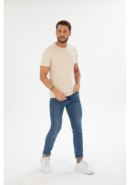 Erkek Krem Bisiklet Yaka Pamuklu Relaxed Fit T-Shirt fırsatları
