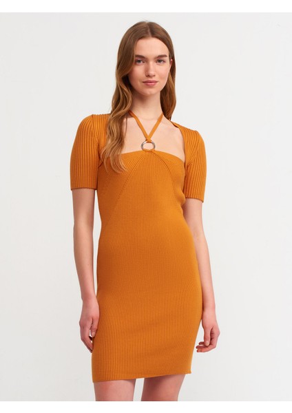 90130 Önü Metal Bağcıklı Triko Elbise-Y.turuncu