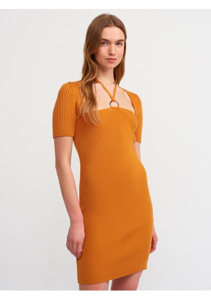 90130 Önü Metal Bağcıklı Triko Elbise-Y.turuncu modelleri