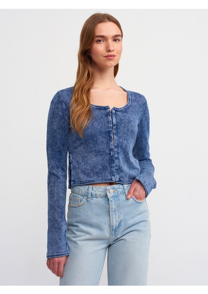 60214 Soluk Efektli Agraflı Crop Triko Hırka-Indigo