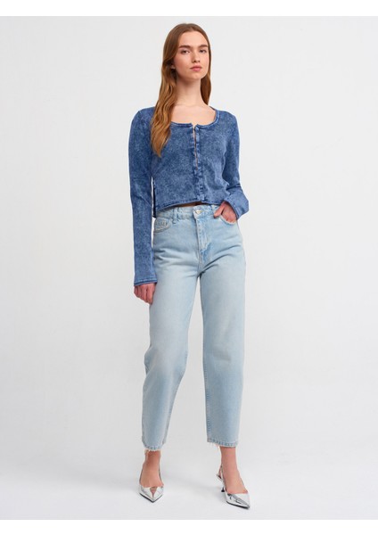 60214 Soluk Efektli Agraflı Crop Triko Hırka-Indigo