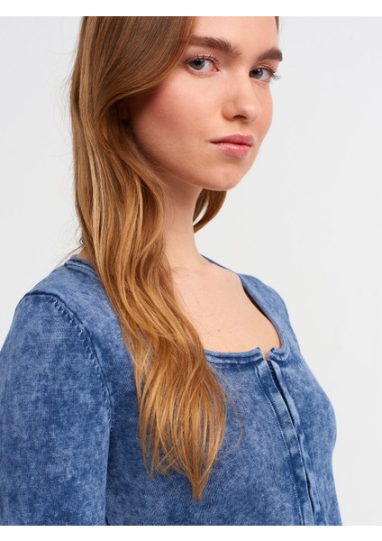 60214 Soluk Efektli Agraflı Crop Triko Hırka-Indigo