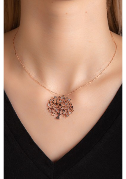 Rose Zirkon Taşlı Yaşam Ağacı Kadın Gümüş Kolye 925 Ayar