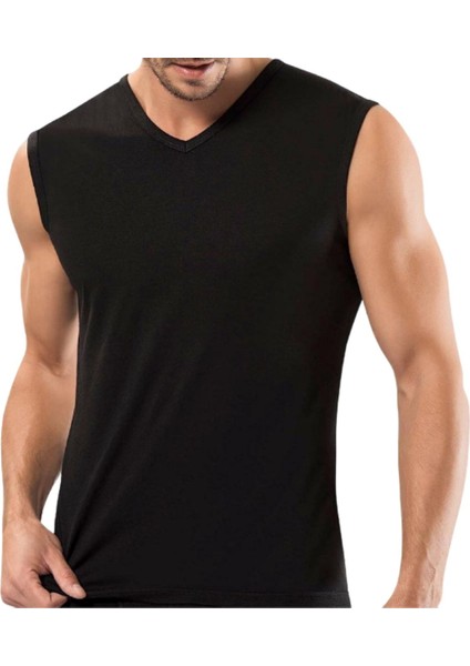 Erkek Sıfır Kol V Yaka Slimfit Likralı Düz Tişört Siyah
