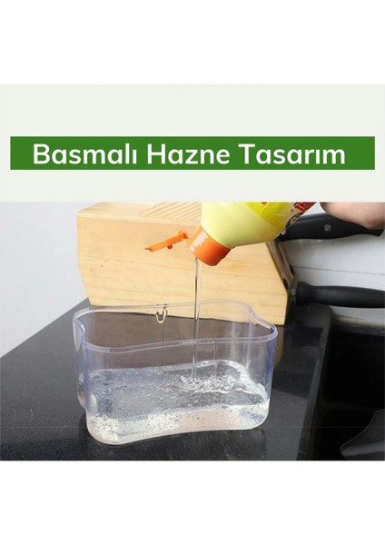 Pompalı Sünger Hazneli Sıvı Sabunluk Basmalı Bulaşık Deterjanlığı ve Sünger