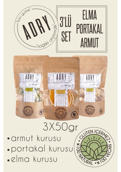 3'lü Elma Portakal Armut Kurusu 50 gr x 3 Kurutulmuş Dilim Elma, Portakal, Armut Kuru Meyve