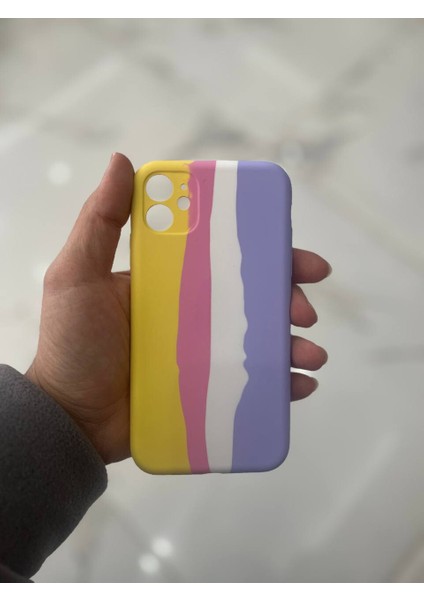 iPhone 11 Uyumlu Rainbow Renkli Şeritli Lansman Silikon Darbe Emici Telefon Kılıfı