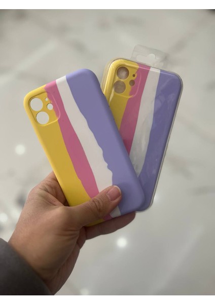 iPhone 11 Uyumlu Rainbow Renkli Şeritli Lansman Silikon Darbe Emici Telefon Kılıfı