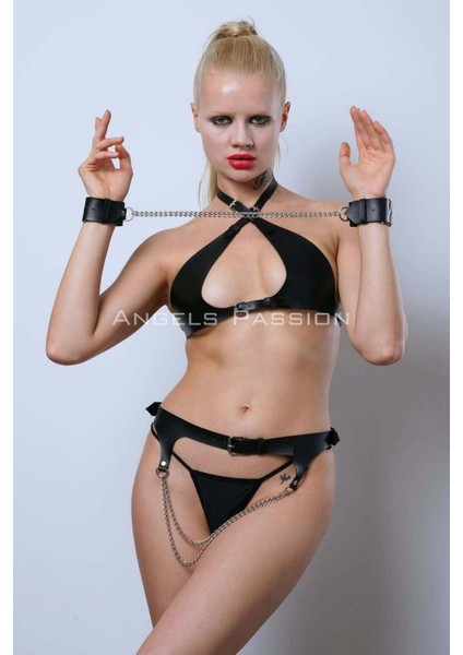 Mlvx Deri Iç Giyim, Deri Kelepçe ve Bel Harness Takım - 885 Blsm