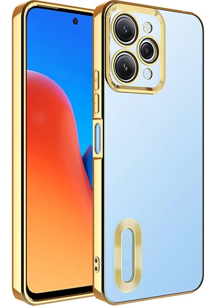 Xiaomi Redmi 12 Kapak Yanları Renkli Lens Korumalı Logo Gösteren Şeffaf Luxury Silikon Kılıf - Gold