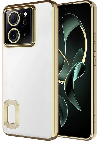 Xiaomi Mi 13T Kapak Yanları Renkli Lens Korumalı Logo Gösteren Şeffaf Luxury Silikon Kılıf - Gold