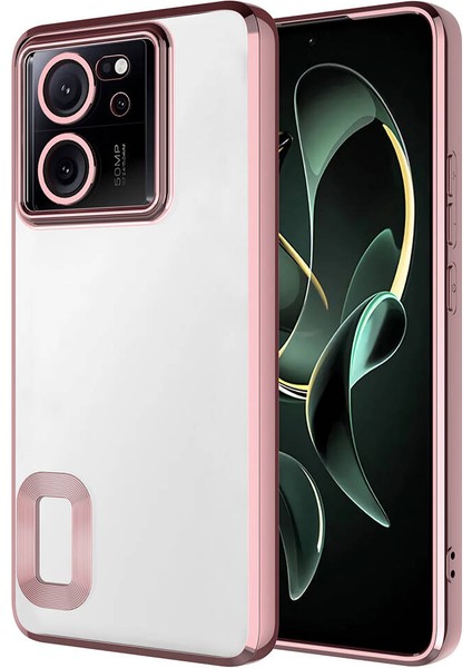 Xiaomi Mi 13T Kapak Yanları Renkli Lens Korumalı Logo Gösteren Şeffaf Luxury Silikon Kılıf - Rose Gold