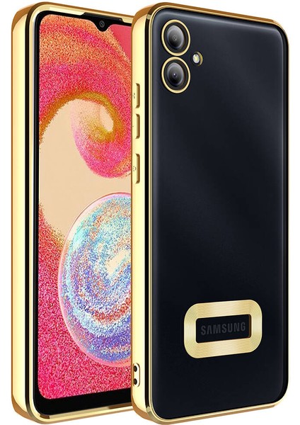 Samsung Galaxy A05 Kapak Yanları Renkli Lens Korumalı Logo Gösteren Şeffaf Luxury Silikon Kılıf - Gold