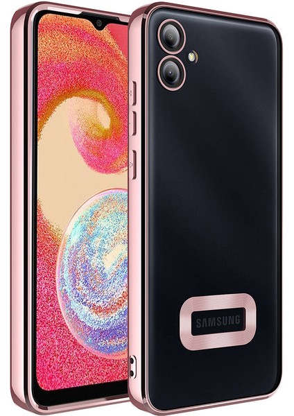 Samsung Galaxy A05 Kapak Yanları Renkli Lens Korumalı Logo Gösteren Şeffaf Luxury Silikon Kılıf - Rose Gold