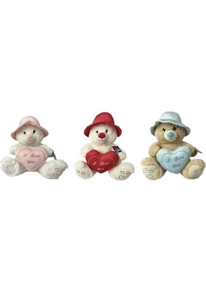 Peluş Şapkalı Kalplı Ayıcık Beyaz 45 cm