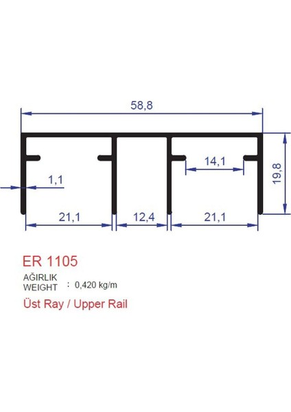 Alm Alüminyum Üst Ray Profili Er 1105 Eloksal Parlak 3 Metre