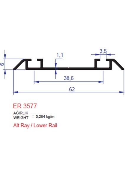 Alm Alüminyum Sürme Kapak Alt Ray Profili Er 3577 Mat Eloksal 2 Metre