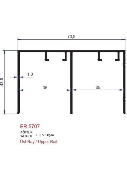 Alm Alüminyum Sürme Kapak Üst Ray Profili Er5707 Pres 3 Metre