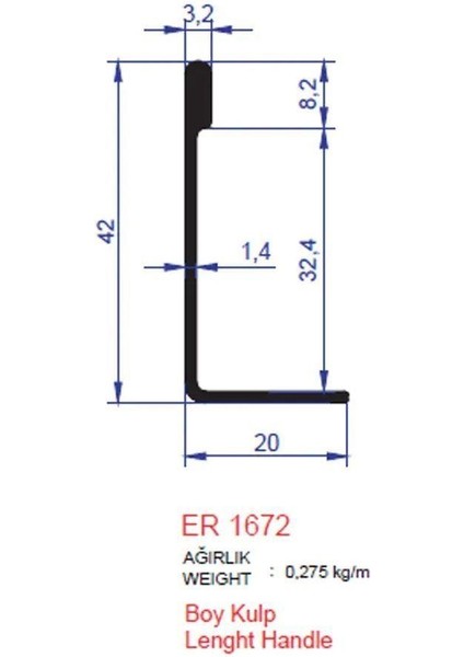 Boy Kulp Profili Er 1672 Eloksal Parlak 3 Metre