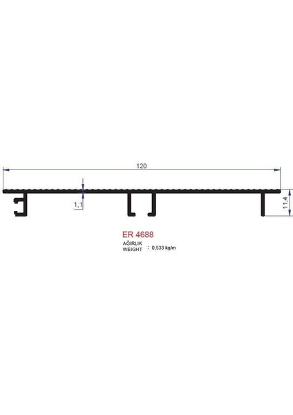 Mutfak Alt Baza Profili 12MM Er 4688 Eloksal Parlak 3 Metre