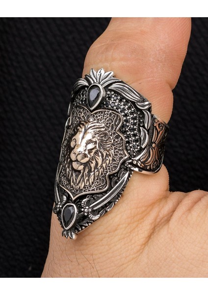 Gümüş Aslan Figürlü 925 Ayar Ayarlanabilir Gümüş Zihgir Okçu Erkek Yüzüğü