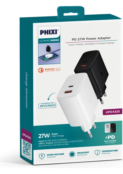 Ultimate UPD4325 27W Pd Çift Çıkışlı Hızlı Şarj Adaptörü