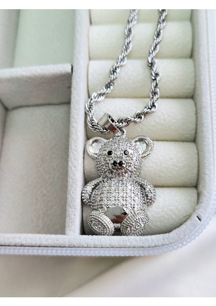 Teddy Ayı Figürlü Zirkon Taşlı Burgu Zincir Çelik Silver Renkli Kolye