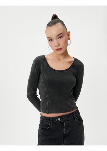 Uzun Kollu Tişört U Yaka Ribanalı Soluk Efektli Pamuklu