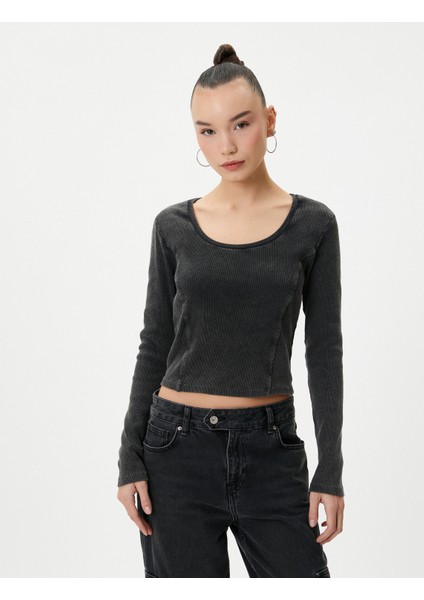 Uzun Kollu Tişört U Yaka Ribanalı Soluk Efektli Pamuklu modelleri