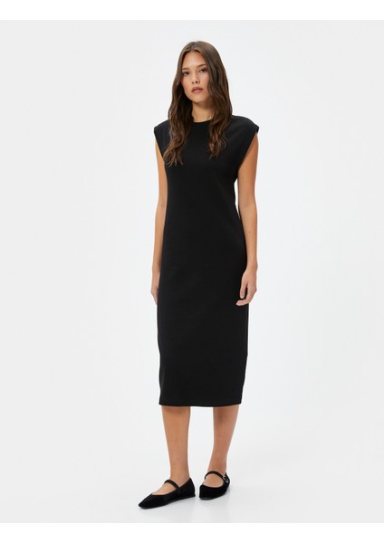 Midi Bodycon Elbise Kısa Kollu Bisiklet Yaka Fitilli