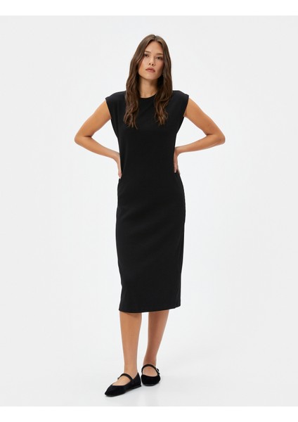 Midi Bodycon Elbise Kısa Kollu Bisiklet Yaka Fitilli
