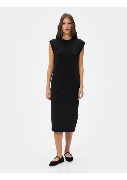 Midi Bodycon Elbise Kısa Kollu Bisiklet Yaka Fitilli