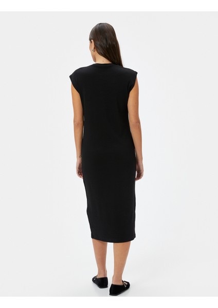 Midi Bodycon Elbise Kısa Kollu Bisiklet Yaka Fitilli