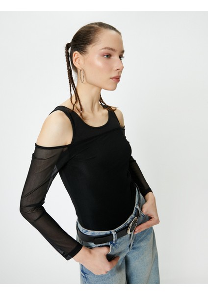 Çift Kumaş Kullanımlı Tül Tişört Uzun Kollu Slim Fit