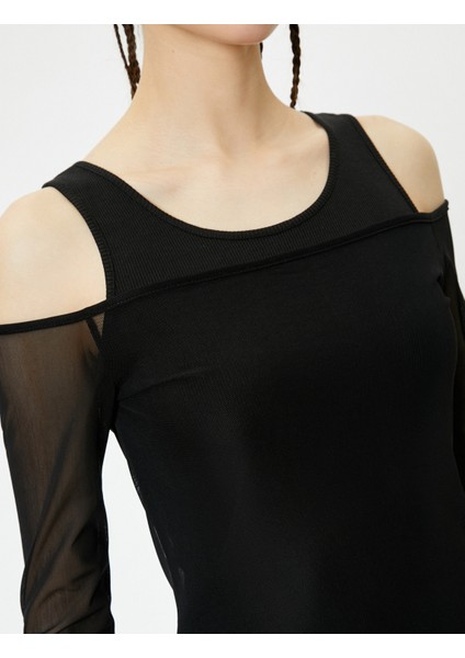 Çift Kumaş Kullanımlı Tül Tişört Uzun Kollu Slim Fit indirimleri