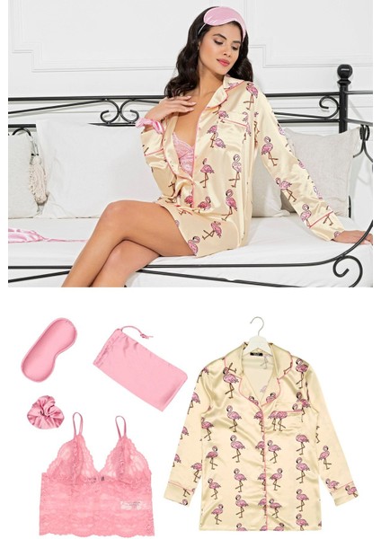 Saten Flemingo Desenli Uyku Gözlüğü Çanta Toka Gecelik Dantelli Büstiyer Nightshirt 5 Parça Takım