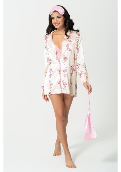 Saten Flemingo Desenli Uyku Gözlüğü Çanta Toka Gecelik Dantelli Büstiyer Nightshirt 5 Parça Takım modelleri