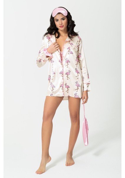 Saten Flemingo Desenli Uyku Gözlüğü Çanta Toka Gecelik Dantelli Büstiyer Nightshirt 5 Parça Takım indirimleri