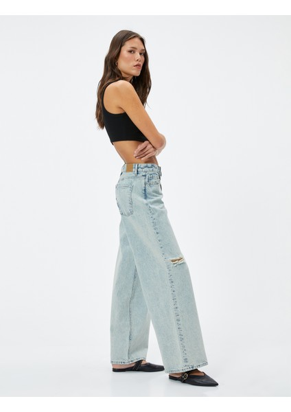 Düz Düşük Bel Kot Pantolon Yıpratılmış Cepli - Loose Straight Jeans