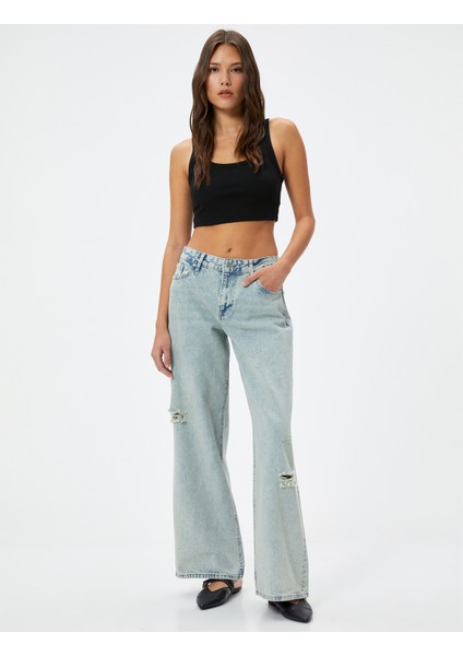 Düz Düşük Bel Kot Pantolon Yıpratılmış Cepli - Loose Straight Jeans fiyatları